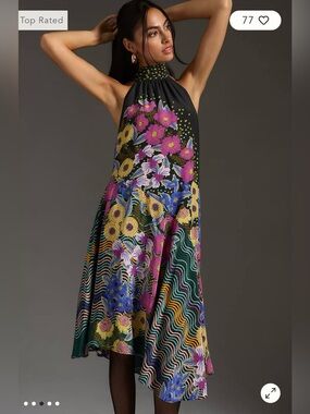 NWT Anthropologie Asymmetrical Silk Midi Dress Floral Black M $248